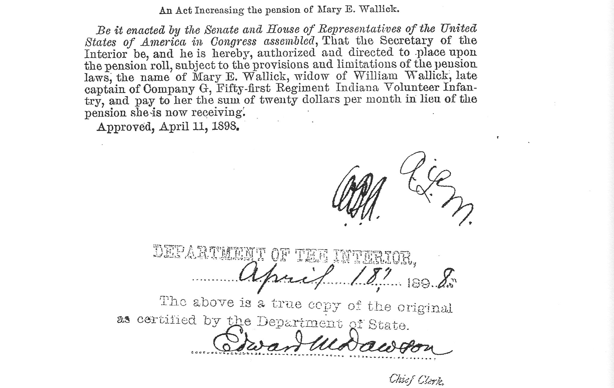 An Act Increasing the Pension of Mary E. Wallick, approved April 11, 1898